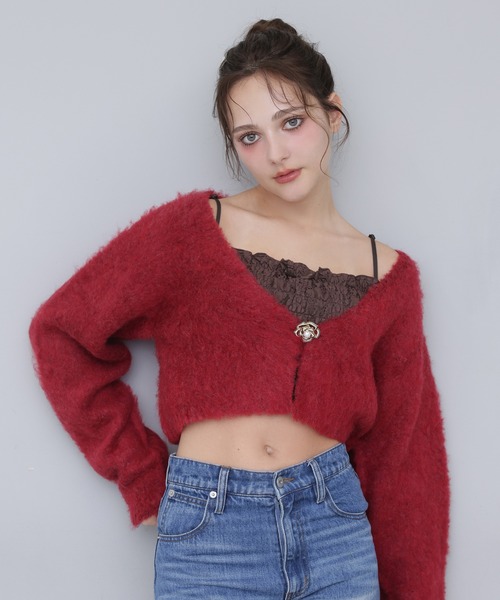 セール】【Seemi.】ブローチ付きニットショートカーディガン