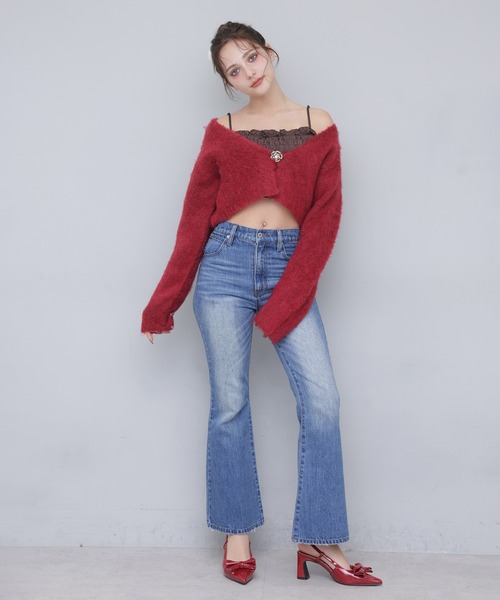 Seemi. byNICECLAUP（ シーミーバイナイスクラップ）の「【Seemi.】ブローチ付きニットショートカーディガン（カーディガン/ボレロ・レディース・レッド/グレー×ピンク/オフホワイト・FREE）」の8枚目の写真