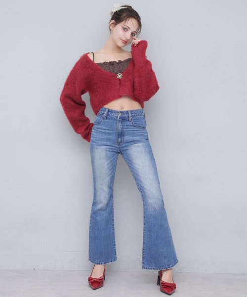 Seemi. byNICECLAUP（ シーミーバイナイスクラップ）の「【Seemi.】ブローチ付きニットショートカーディガン（カーディガン/ボレロ・レディース・レッド/グレー×ピンク/オフホワイト・FREE）」の7枚目の写真