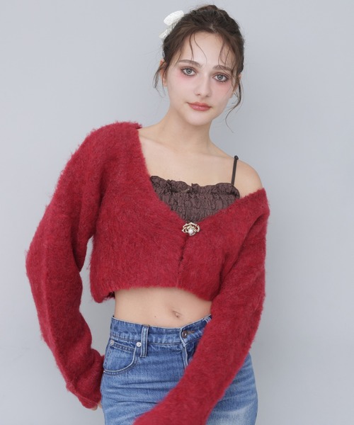 Seemi.】ブローチ付きニットショートカーディガン（カーディガン