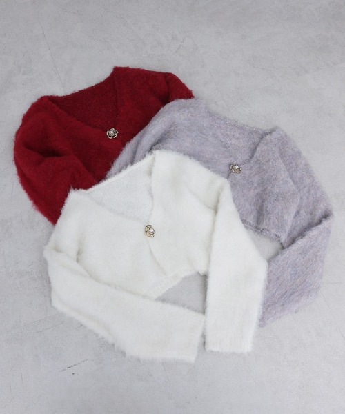 Seemi. byNICECLAUP（ シーミーバイナイスクラップ）の「【Seemi.】ブローチ付きニットショートカーディガン（カーディガン/ボレロ・レディース・レッド/グレー×ピンク/オフホワイト・FREE）」の22枚目の写真