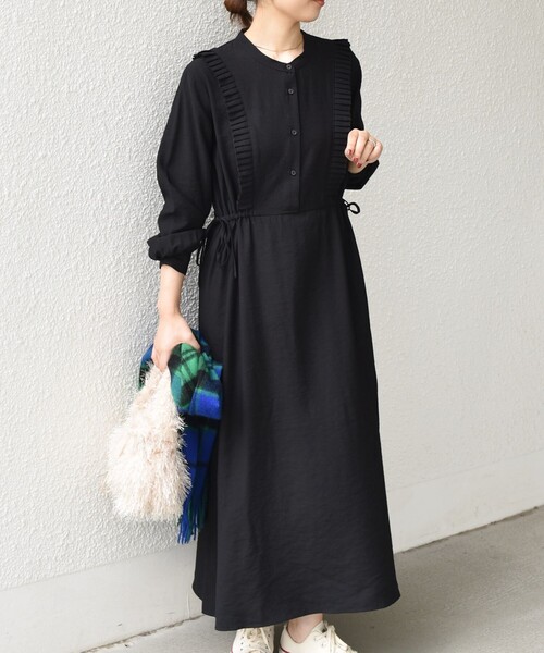 薄紫 プリーツデザイン ロングワンピース SHIPS Colors:〈手洗い可能〉プリーツ デザイン ロングスリーブ