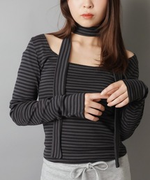 SPINNS(スピンズ)の「【セットアイテム】タイ付き長袖カットソー/ボーダー/細マフラー付き(Tシャツ/カットソー・レディース)」