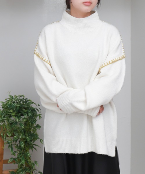 セール】配色ハンドステッチニットプルオーバー（ニット/セーター