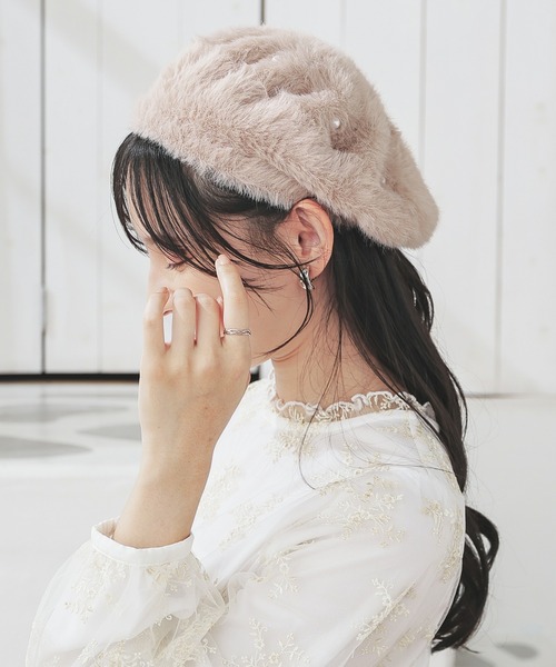 セール】パール付シャギーベレー帽（ハンチング/ベレー帽）｜Honeys