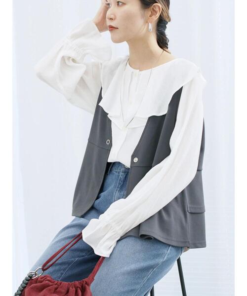 Samansa Mos2 blue（サマンサモスモスブルー）の「ラッフルカラーブラウス（シャツ/ブラウス・レディース・オフホワイト/サックスブルー/ベージュ・F）」の13枚目の写真