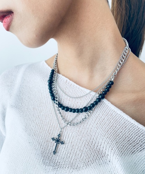 服/ファッション アクセサリー ネックレス ブラッククロス】カーブチェーンネックレス（ネックレス）｜Y2K