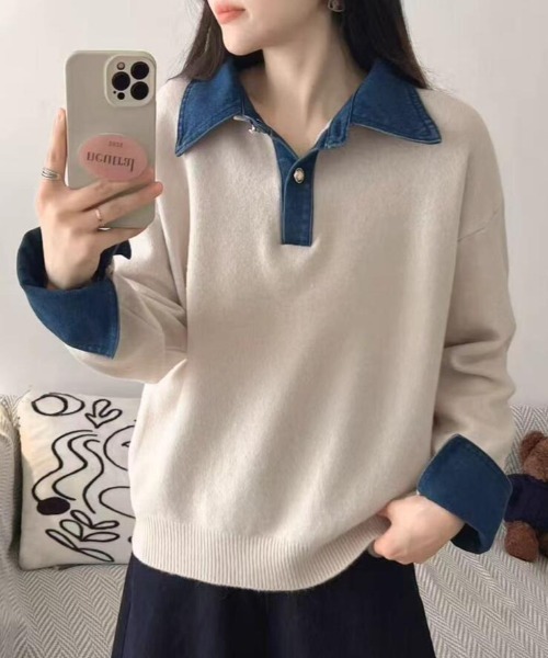 semplice(センプリチェ)の「デニムカラーブロックポロネックニット(ニット/セーター・レディース・ボルドー/オフホワイト/ブラック/ブラウン/グレー/ベージュ/ネイビー・F)」の6枚目の写真