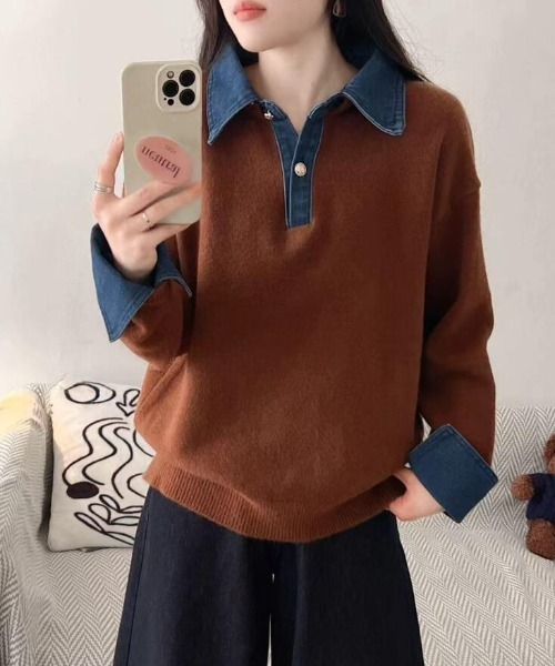 semplice(センプリチェ)の「デニムカラーブロックポロネックニット(ニット/セーター・レディース・ボルドー/オフホワイト/ブラック/ブラウン/グレー/ベージュ/ネイビー・F)」の5枚目の写真