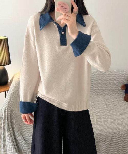 semplice(センプリチェ)の「デニムカラーブロックポロネックニット(ニット/セーター・レディース・ボルドー/オフホワイト/ブラック/ブラウン/グレー/ベージュ/ネイビー・F)」の9枚目の写真
