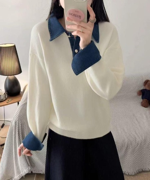 semplice(センプリチェ)の「デニムカラーブロックポロネックニット(ニット/セーター・レディース・ボルドー/オフホワイト/ブラック/ブラウン/グレー/ベージュ/ネイビー・F)」の18枚目の写真