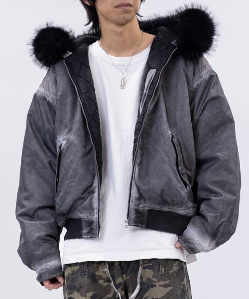 JOHN'S CLOSET（ジョンズクローゼット）の「【13】ヘビーツイル ヴィンテージ加工 フードファー ボンバージャケット（ブルゾン・メンズ・グレー/ブラック/カーキ・MEDIUM/LARGE）」の4枚目の写真