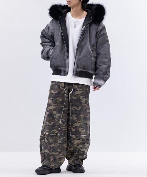 JOHN'S CLOSET（ジョンズクローゼット）の「【13】ヘビーツイル ヴィンテージ加工 フードファー ボンバージャケット（ブルゾン・メンズ・グレー/ブラック/カーキ・MEDIUM/LARGE）」の7枚目の写真