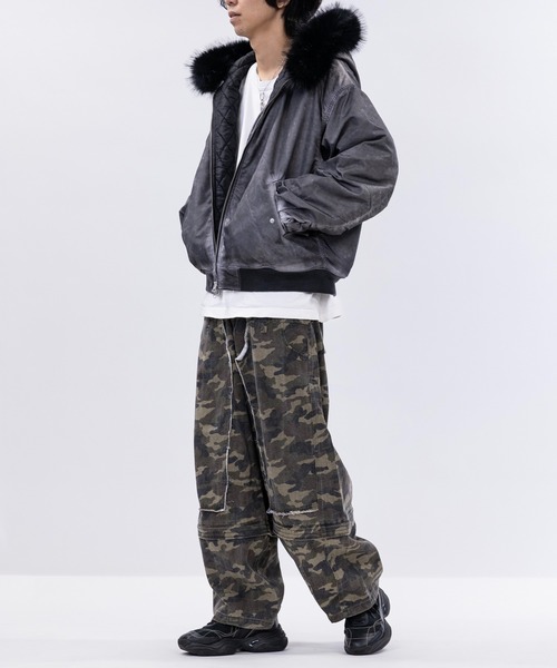 JOHN'S CLOSET（ジョンズクローゼット）の「【13】ヘビーツイル ヴィンテージ加工 フードファー ボンバージャケット（ブルゾン・メンズ・グレー/ブラック/カーキ・MEDIUM/LARGE）」の8枚目の写真