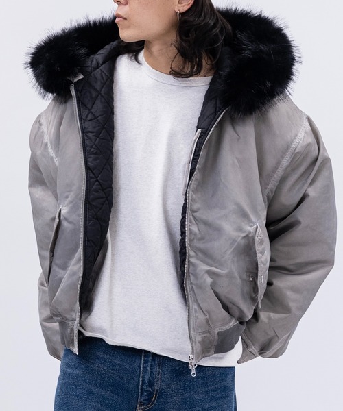 JOHN'S CLOSET（ジョンズクローゼット）の「【13】ヘビーツイル ヴィンテージ加工 フードファー ボンバージャケット（ブルゾン・メンズ・グレー/ブラック/カーキ・MEDIUM/LARGE）」の10枚目の写真