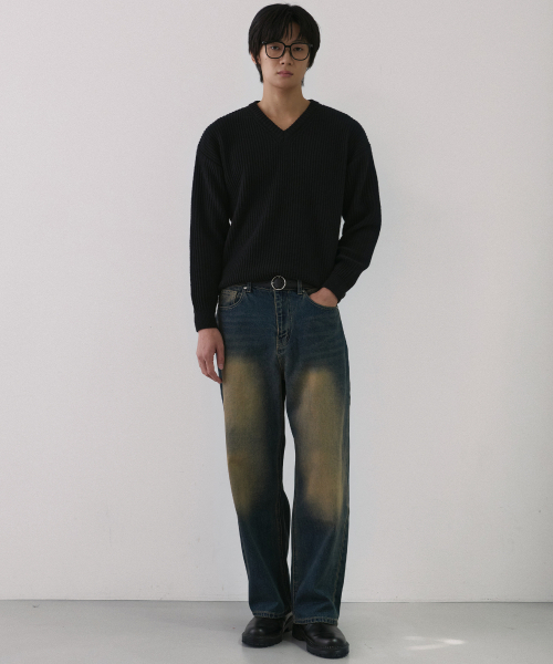 NODU（ノードユー）の「Vネックワッフルエッセンシャルニット[ブラック]（ニット/セーター・メンズ・ブラック・MEDIUM/LARGE）」の4枚目の写真