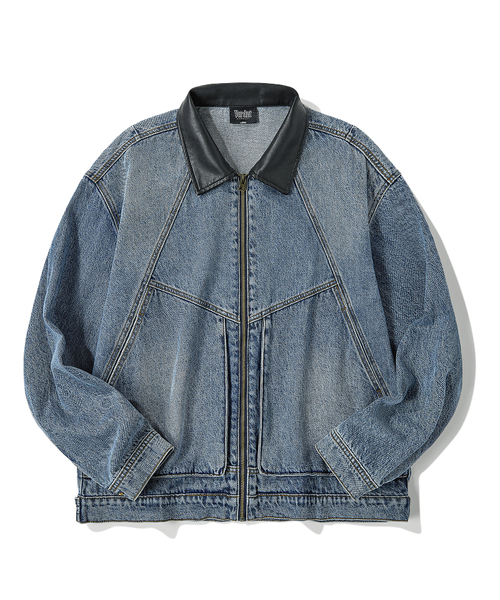 レザーコラウォッシングデニムジップアップジャケット[インディゴ]
