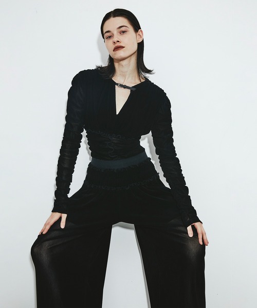 トップス FETICO ROSE VELVET TULLE SHIRRING TOP 別注 Velvet tulle shirring bodysuit(36 ECRU): FETICO: WOMENS｜THE