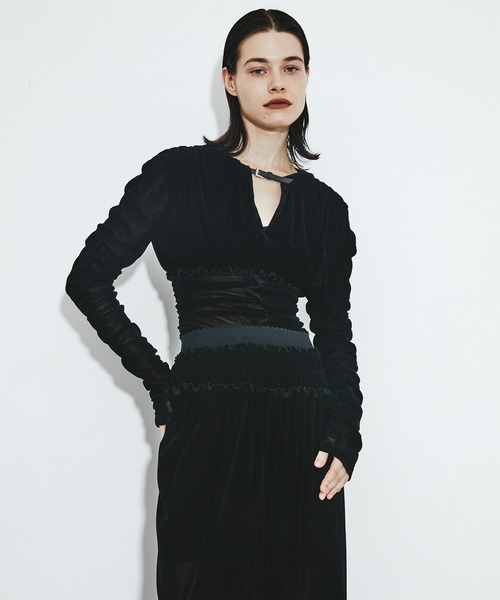トップス FETICO ROSE VELVET TULLE SHIRRING TOP FETICO(フェティコ)のVELVET TULLE GATHERED TOPの通販｜PALETTE art