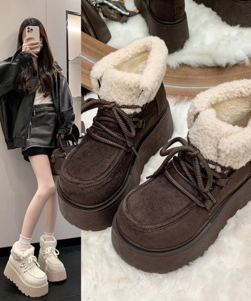 AMELY(エミリー)の「裏ボア 厚底レースアップショートブーツ(ブーツ・レディース・ブラウン/キャメル/アイボリー・40/39/38/37/36/35)」の6枚目の写真