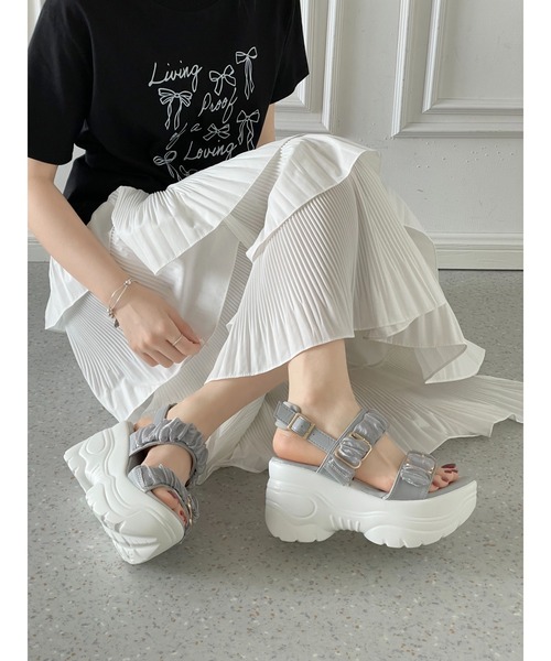 Shoes in Closet(シューズインクローゼット)の「【間もなく入荷!】+9.0㎝ 超軽量 厚底 スタイルアップソール シアー ギャザー ベルト サンダル 5482(サンダル・レディース・ホワイト/ブラック×ブラック/グレー/ピンク・L/M/S/XS/3L/LL)」の10枚目の写真