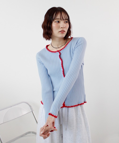 ABYS（アビス）の「《26SS 新作》配色ステッチニットカーディガン（カーディガン/ボレロ・レディース・ブルー/グレー/ブラウン/ライトグレー/ピンク・FREE）」の7枚目の写真