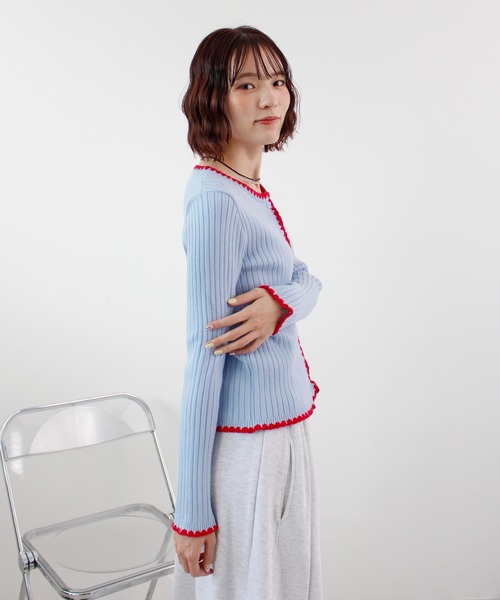 ABYS（アビス）の「《26SS 新作》配色ステッチニットカーディガン（カーディガン/ボレロ・レディース・ブルー/グレー/ブラウン/ライトグレー/ピンク・FREE）」の9枚目の写真