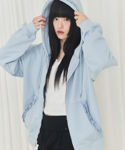 Frill Hoodie Zip-up (Light Blue)（パーカー）｜ALKI ALKA
