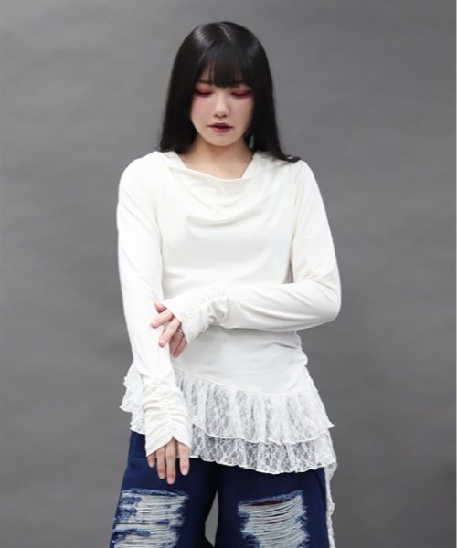 NIBBLE POISON(ニブルポイズン)の「ドレープアシメレースヘムプルオーバー(Tシャツ/カットソー・レディース・ホワイト/サックスブルー/ブラック・MEDIUM)」の2枚目の写真