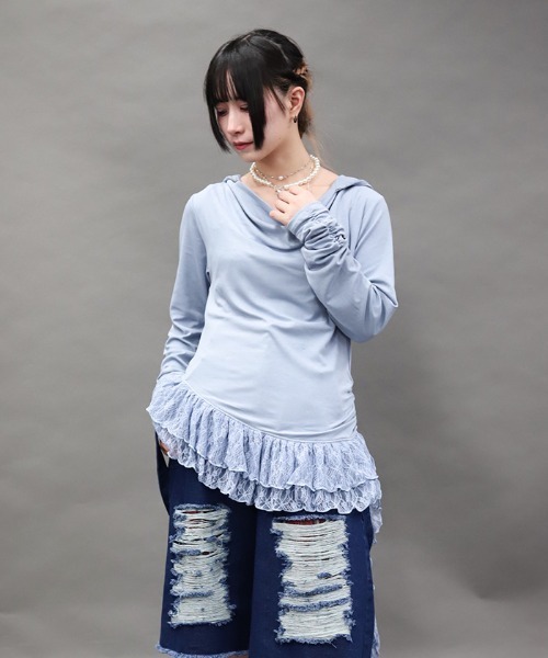 NIBBLE POISON(ニブルポイズン)の「ドレープアシメレースヘムプルオーバー(Tシャツ/カットソー・レディース・ホワイト/サックスブルー/ブラック・MEDIUM)」の8枚目の写真