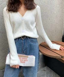 vネックカーディガン リブニットトップス レディース シンプル細見え