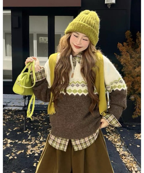 inst.ALL(インストール)の「ノルディック柄ハーフジップニット(ニット/セーター・レディース・レッド/ライトグリーン/オレンジ・M)」の3枚目の写真