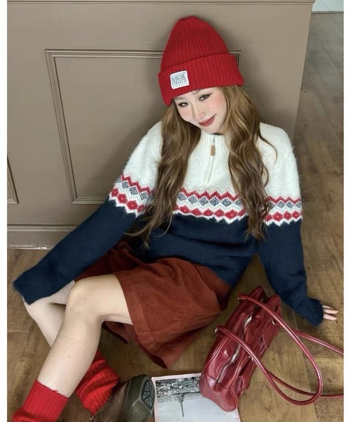inst.ALL(インストール)の「ノルディック柄ハーフジップニット(ニット/セーター・レディース・レッド/ライトグリーン/オレンジ・M)」の4枚目の写真