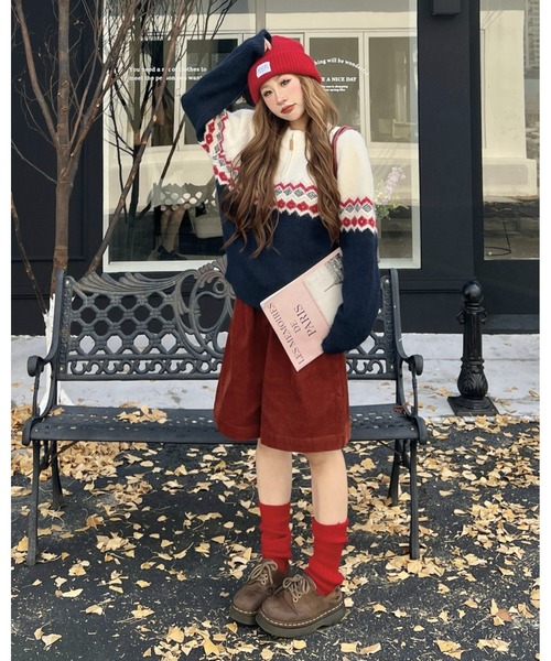 inst.ALL(インストール)の「ノルディック柄ハーフジップニット(ニット/セーター・レディース・レッド/ライトグリーン/オレンジ・M)」の5枚目の写真