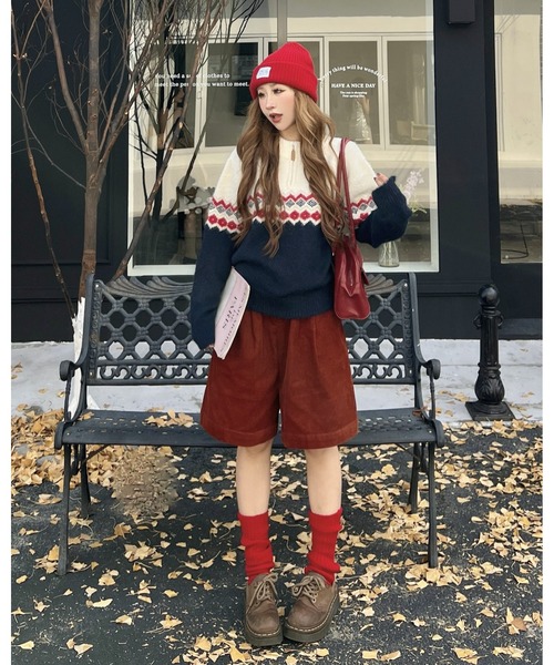 inst.ALL(インストール)の「ノルディック柄ハーフジップニット(ニット/セーター・レディース・レッド/ライトグリーン/オレンジ・M)」の6枚目の写真