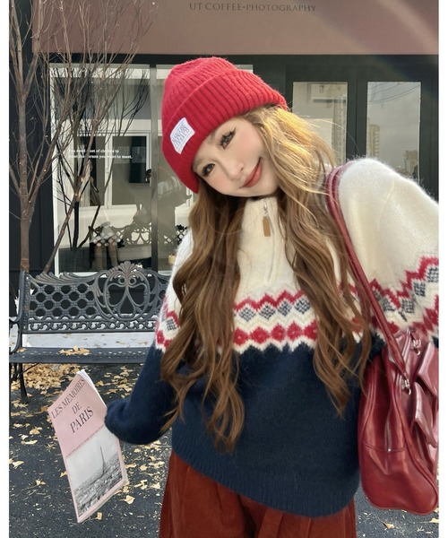 inst.ALL(インストール)の「ノルディック柄ハーフジップニット(ニット/セーター・レディース・レッド/ライトグリーン/オレンジ・M)」の7枚目の写真
