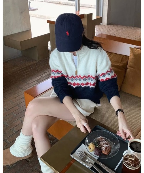 inst.ALL(インストール)の「ノルディック柄ハーフジップニット(ニット/セーター・レディース・レッド/ライトグリーン/オレンジ・M)」の12枚目の写真