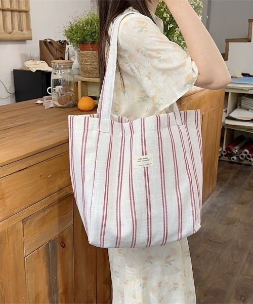 Miniministore(ミニミニストア)の「トートバッグ 綿麻 ストライプ柄 韓国風(トートバッグ・レディース・ブラック/レッド・FREE)」の1枚目の写真