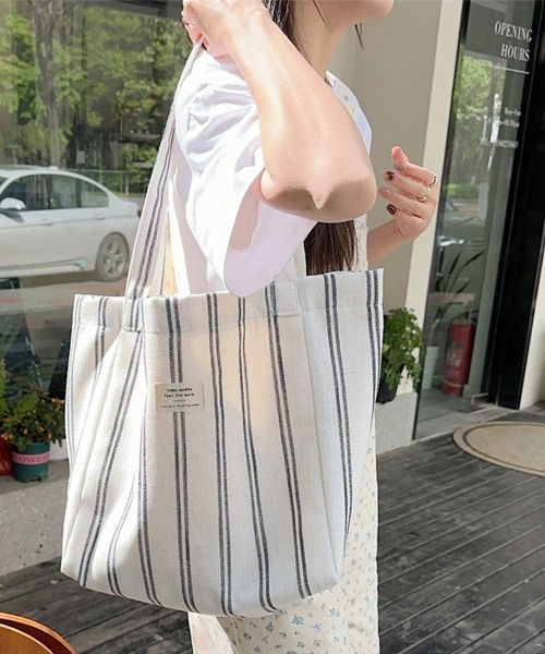 Miniministore(ミニミニストア)の「トートバッグ 綿麻 ストライプ柄 韓国風(トートバッグ・レディース・ブラック/レッド・FREE)」の2枚目の写真