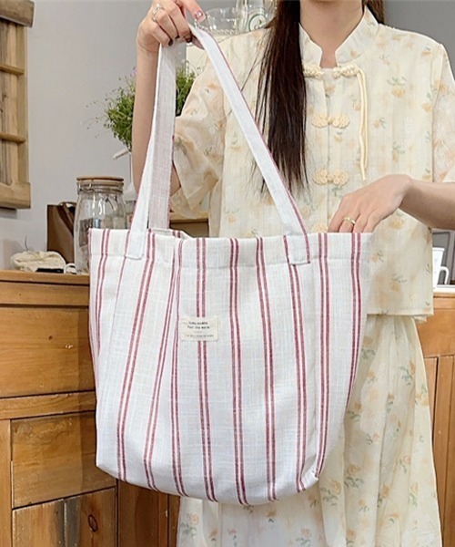 Miniministore(ミニミニストア)の「トートバッグ 綿麻 ストライプ柄 韓国風(トートバッグ・レディース・ブラック/レッド・FREE)」の15枚目の写真