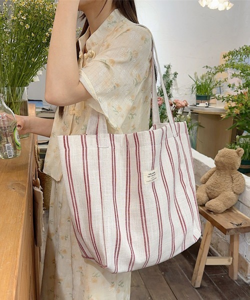 Miniministore(ミニミニストア)の「トートバッグ 綿麻 ストライプ柄 韓国風(トートバッグ・レディース・ブラック/レッド・FREE)」の16枚目の写真