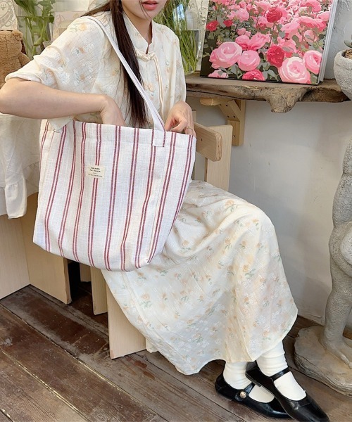 Miniministore(ミニミニストア)の「トートバッグ 綿麻 ストライプ柄 韓国風(トートバッグ・レディース・ブラック/レッド・FREE)」の18枚目の写真