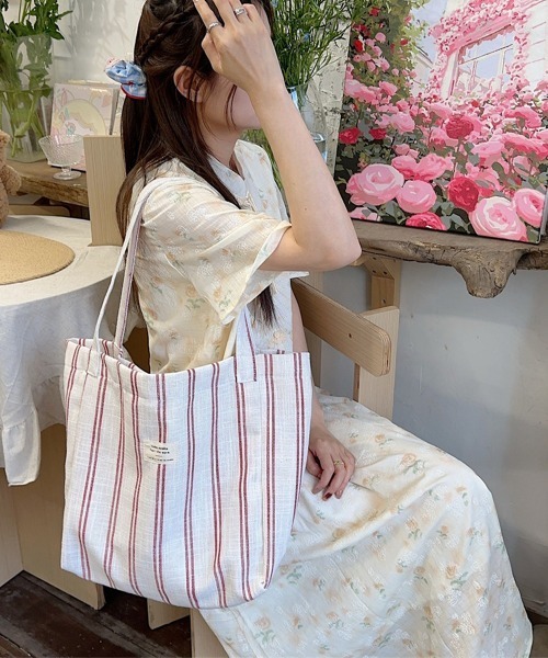 Miniministore(ミニミニストア)の「トートバッグ 綿麻 ストライプ柄 韓国風(トートバッグ・レディース・ブラック/レッド・FREE)」の19枚目の写真