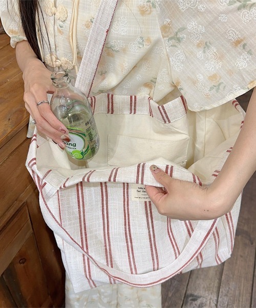 Miniministore(ミニミニストア)の「トートバッグ 綿麻 ストライプ柄 韓国風(トートバッグ・レディース・ブラック/レッド・FREE)」の20枚目の写真