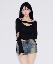 tinkerend | Side Gathered Cut Off Tops / サイドギャザーカットオフトップス カップ付き(Tシャツ/カットソー)