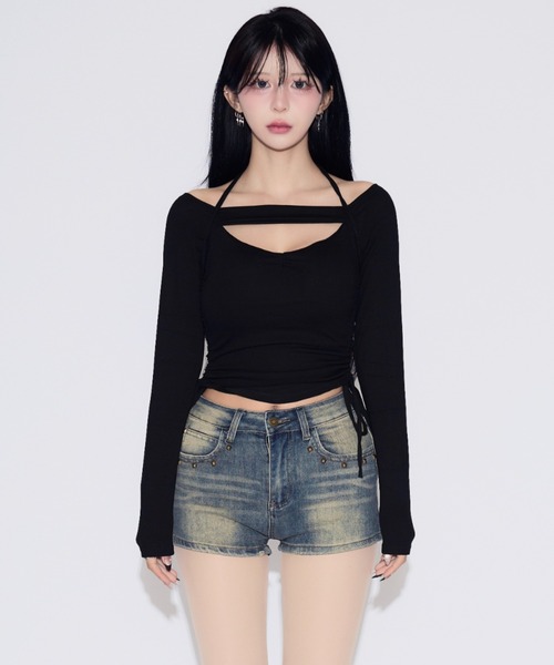 tinkerend(ティンカーエンド)の「Side Gathered Cut Off Tops / サイドギャザーカットオフトップス カップ付き(Tシャツ/カットソー・レディース・ブラック・FREE)」の2枚目の写真