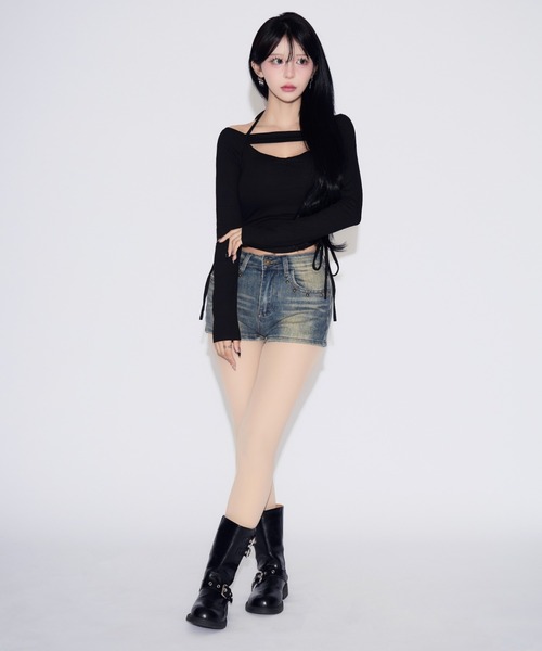 tinkerend(ティンカーエンド)の「Side Gathered Cut Off Tops / サイドギャザーカットオフトップス カップ付き(Tシャツ/カットソー・レディース・ブラック・FREE)」の7枚目の写真