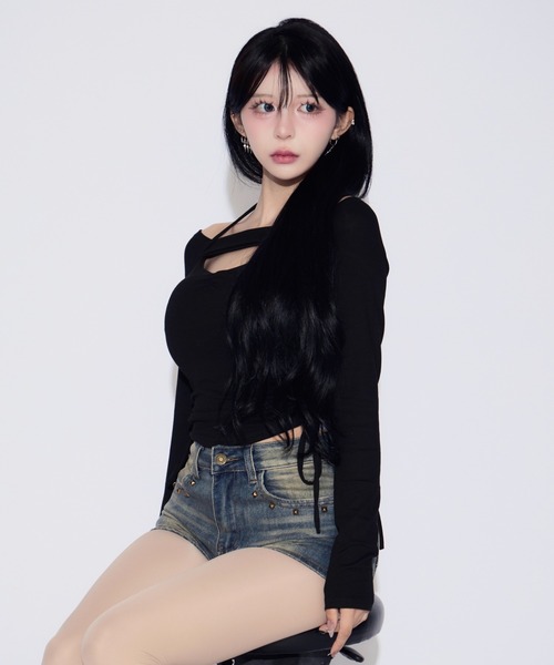 tinkerend(ティンカーエンド)の「Side Gathered Cut Off Tops / サイドギャザーカットオフトップス カップ付き(Tシャツ/カットソー・レディース・ブラック・FREE)」の8枚目の写真