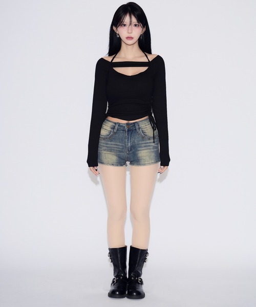 tinkerend(ティンカーエンド)の「Side Gathered Cut Off Tops / サイドギャザーカットオフトップス カップ付き(Tシャツ/カットソー・レディース・ブラック・FREE)」の5枚目の写真