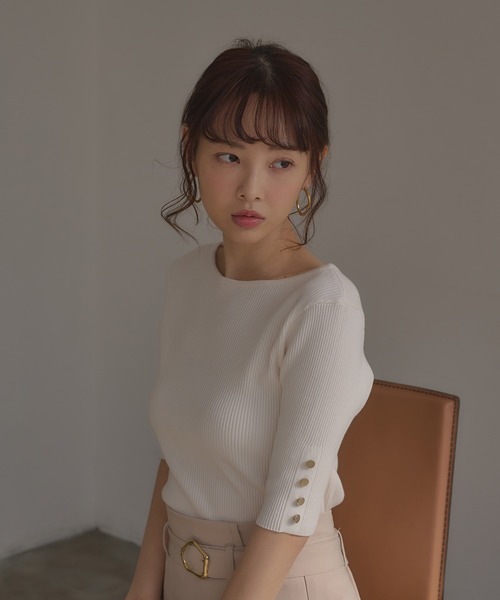 SOELA(ソエラ)の「【INGNI SOELA】袖金ボタンボートネック半袖ニット/WEB限定(ニット/セーター・レディース・アイボリー/モカ/ミント/ブラック・FREE)」の5枚目の写真